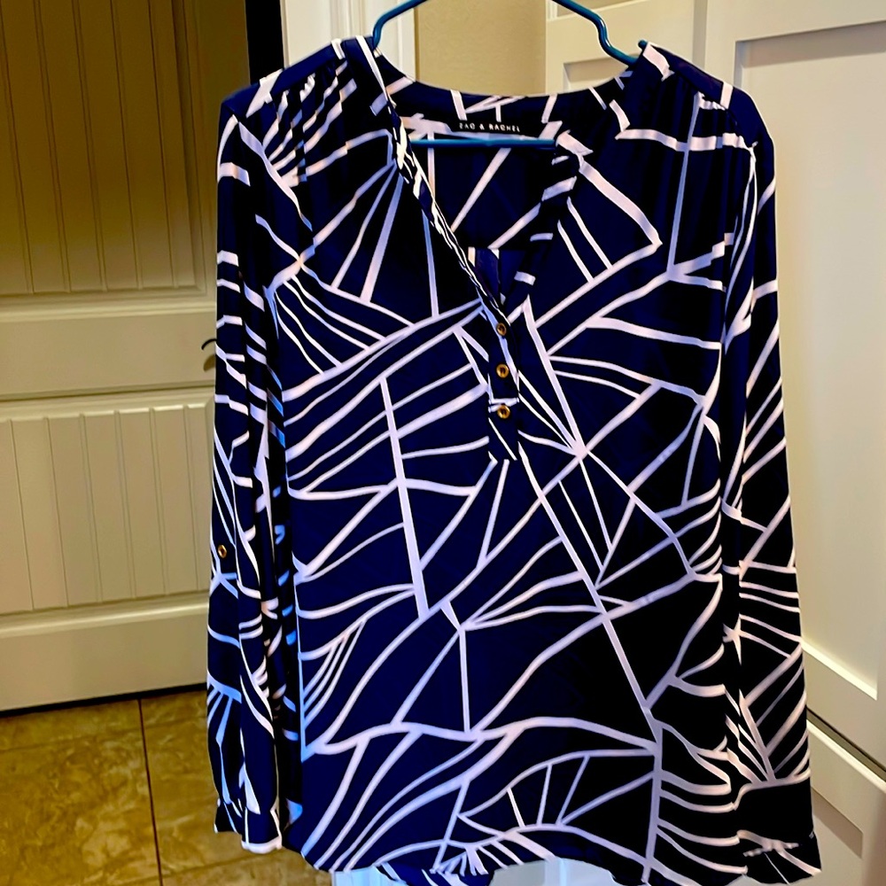 Navy blue and white long sleeve blouse